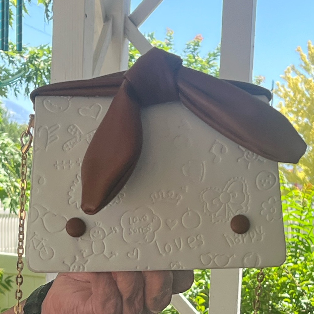 White and Brown Embossed Handbag with Chain Strap